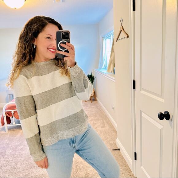 THE GREAT. Textured Striped Crewneck Cotton Sweatshirt Small - Picture 1 of 11